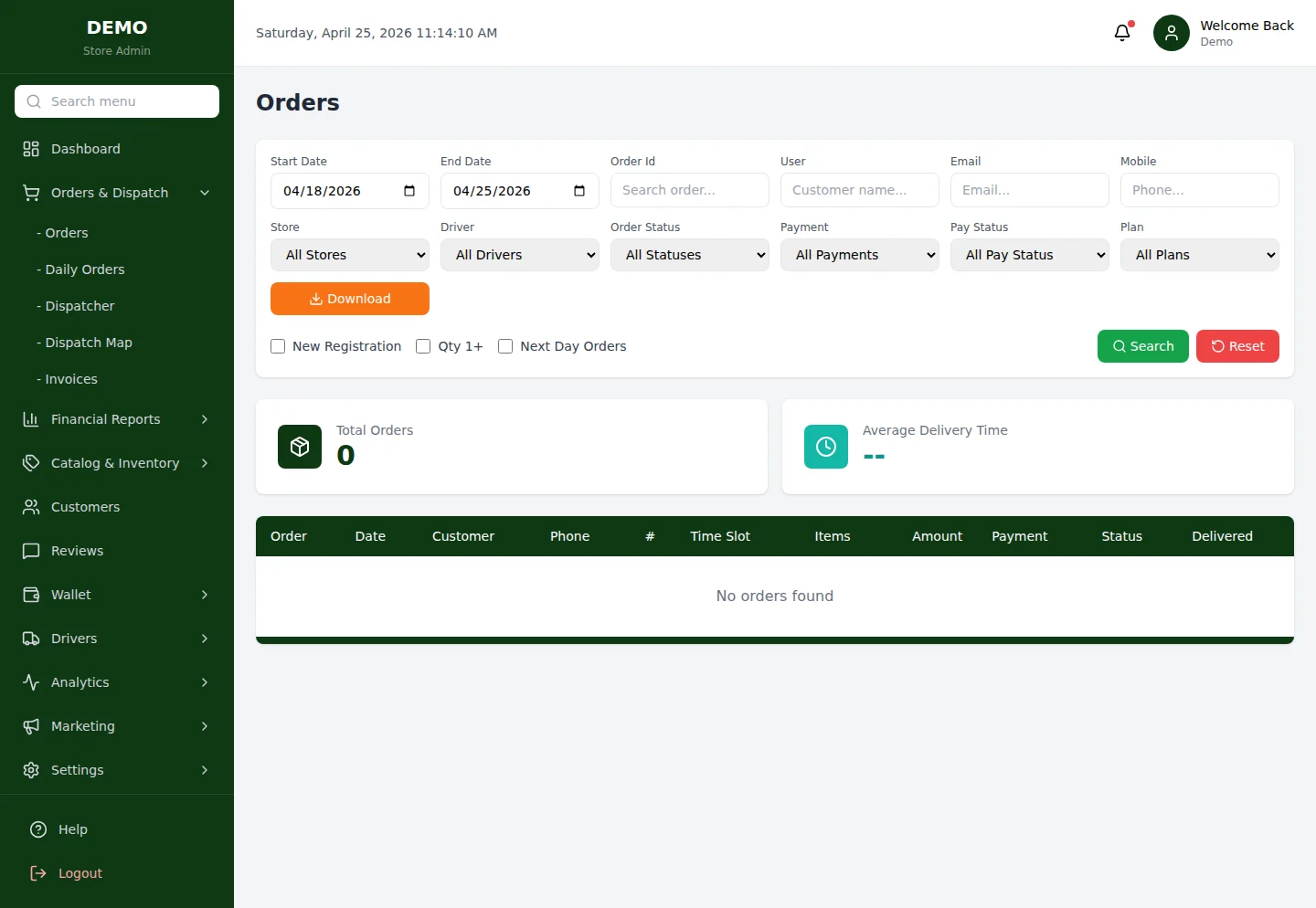 Orders — фильтры, таблица и Order Detail Modal