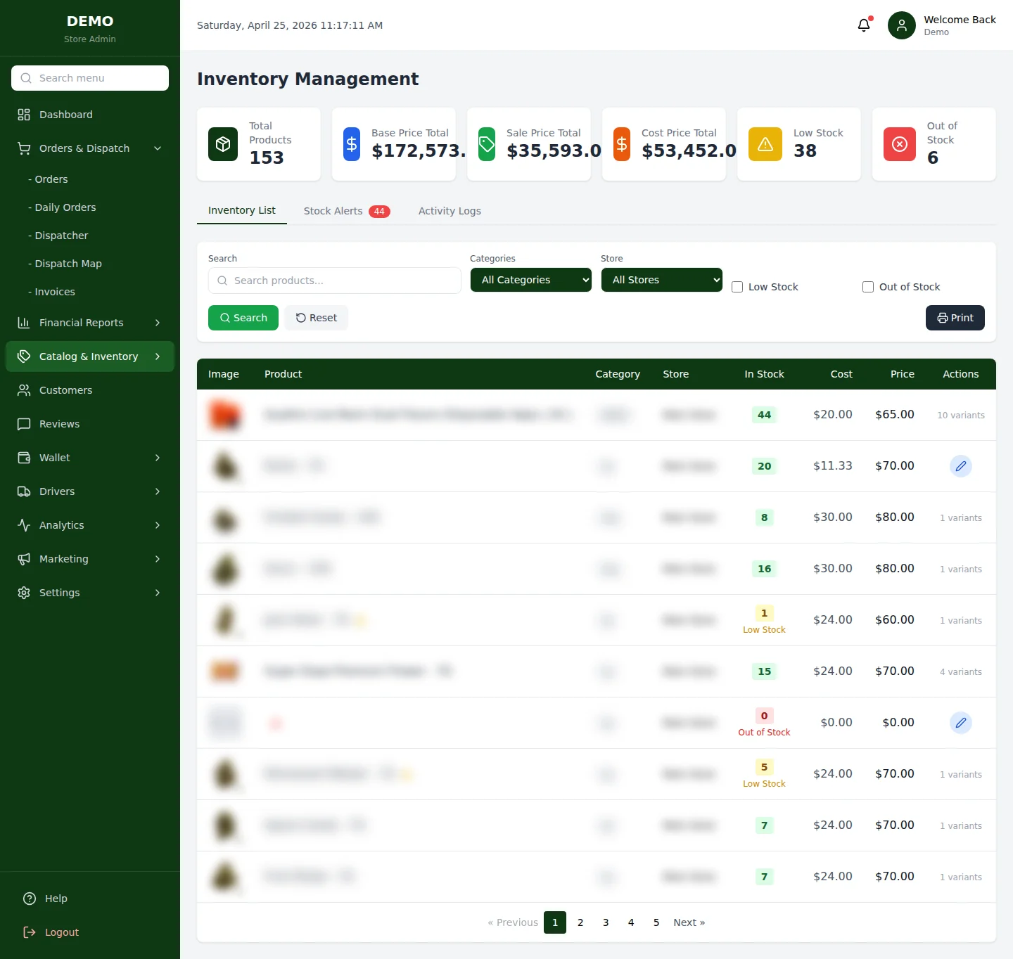 Inventory — три таба, низкие остатки и журнал