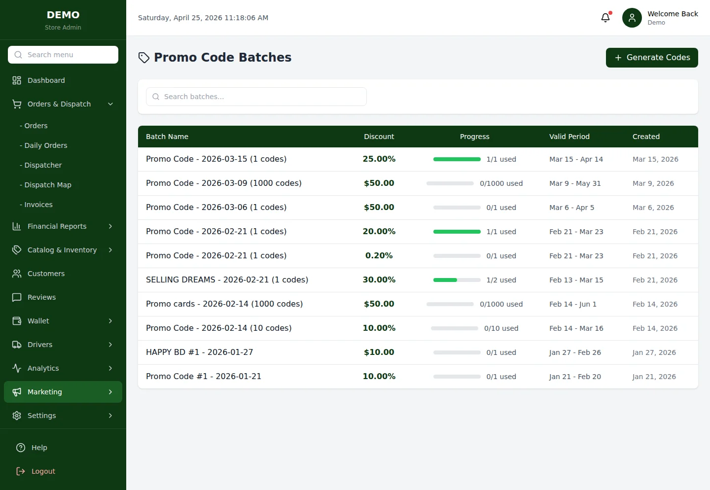 Promo Code Batches — генерация и список кодов