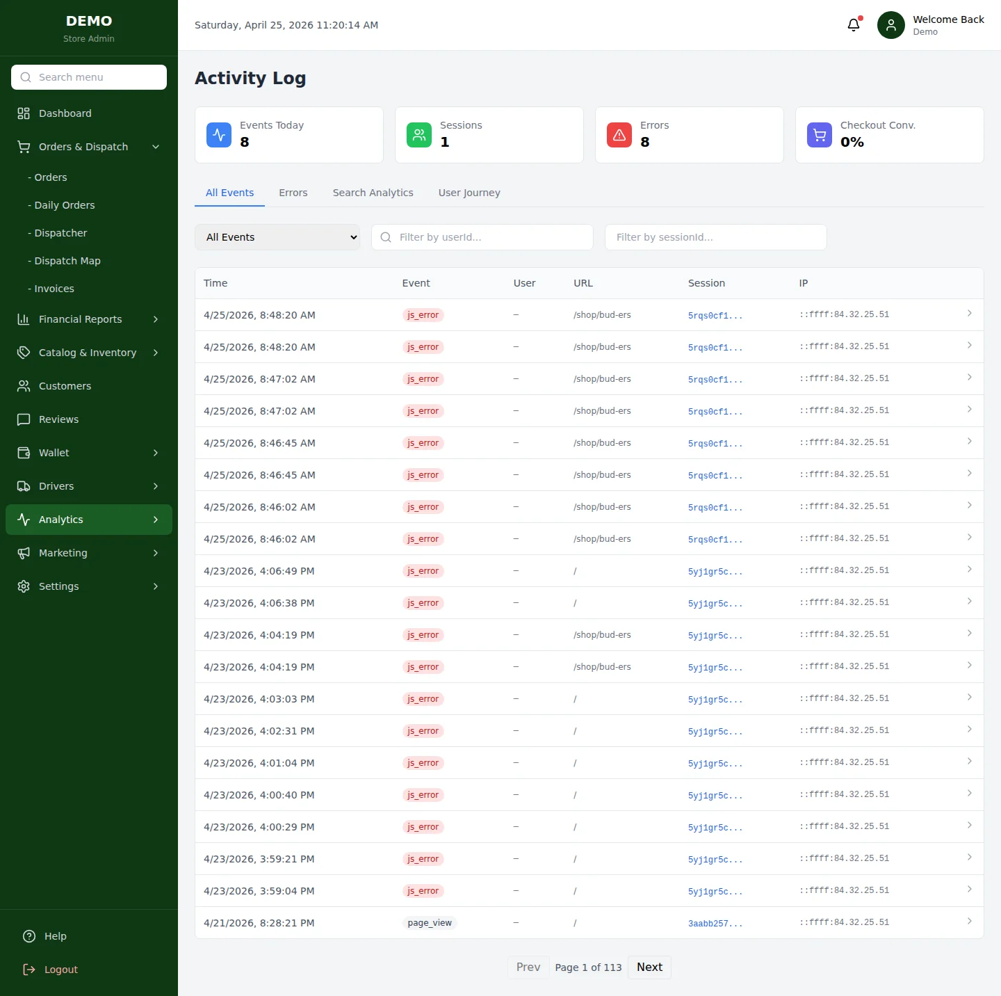 Activity Log — события, ошибки, путь пользователя и replay