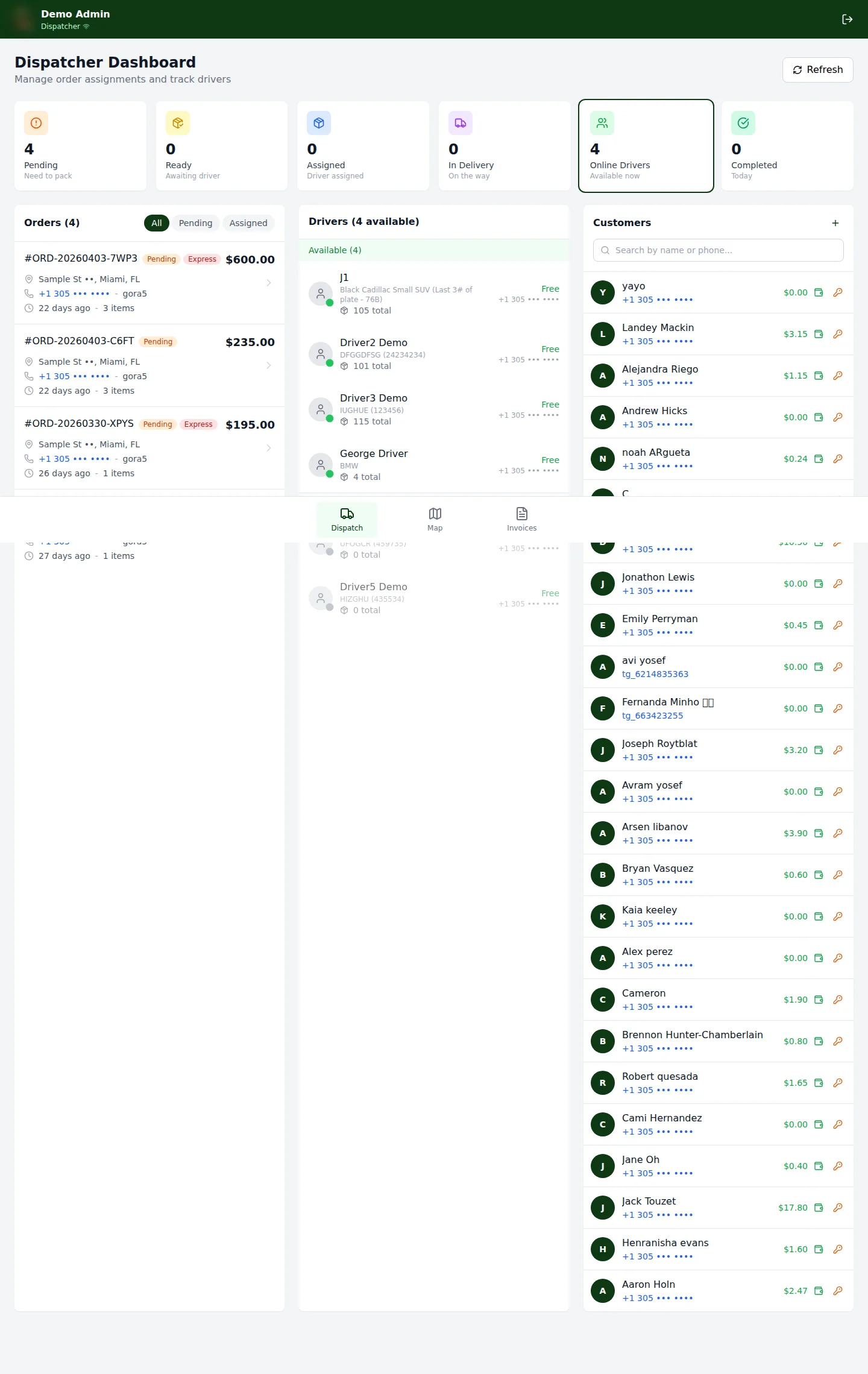 Dispatcher Console — заказы и водители