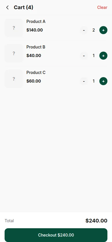 Sales mini-app — корзина с подсчётом и кнопкой Checkout