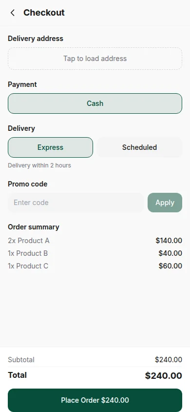 Sales mini-app — checkout: payment, delivery slot, promo, order summary