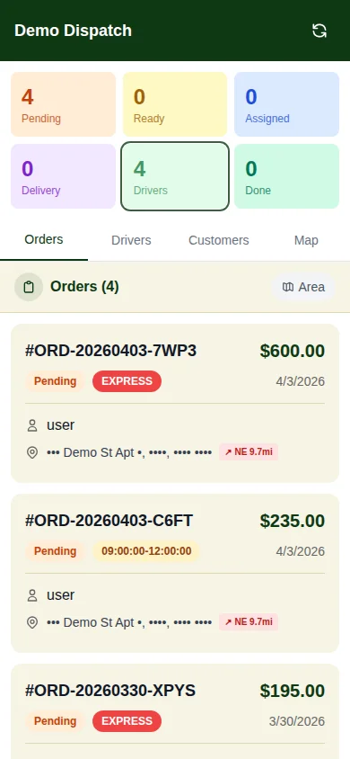 Dispatcher mini-app — лента активных заказов с фильтрами по статусу