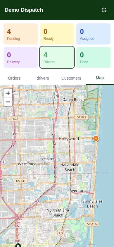 Dispatcher mini-app — карта зоны доставки с водителями и заказами