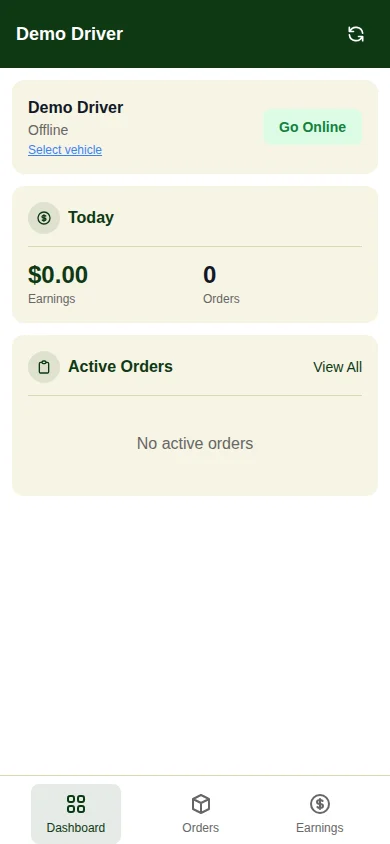 Driver mini-app — Dashboard со статусом смены и кнопкой Go Online