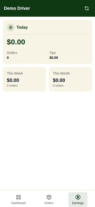Driver mini-app — Earnings с разбивкой по дню, неделе и месяцу